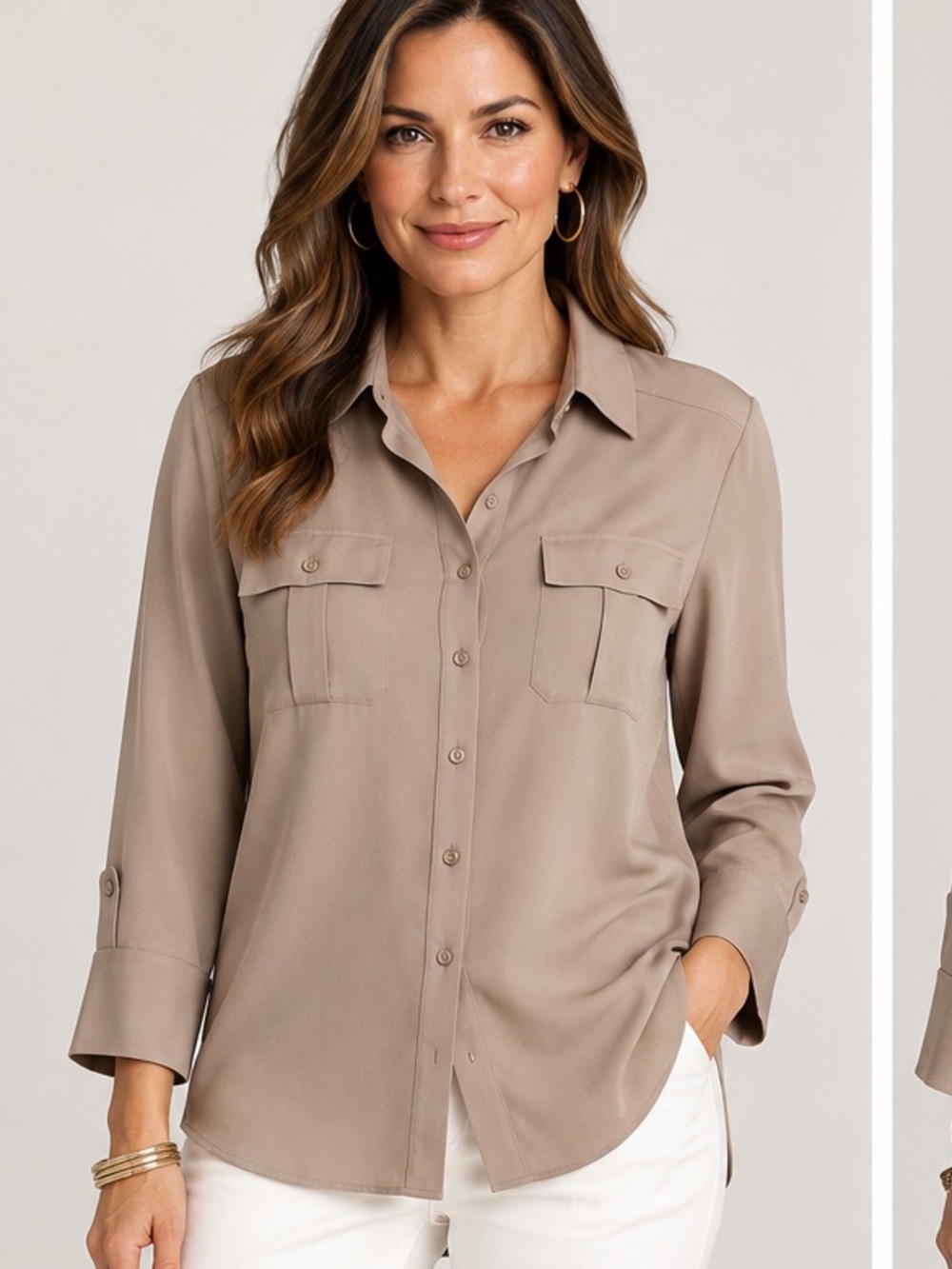 Chico's Taupe Button-Front Utility Blouse